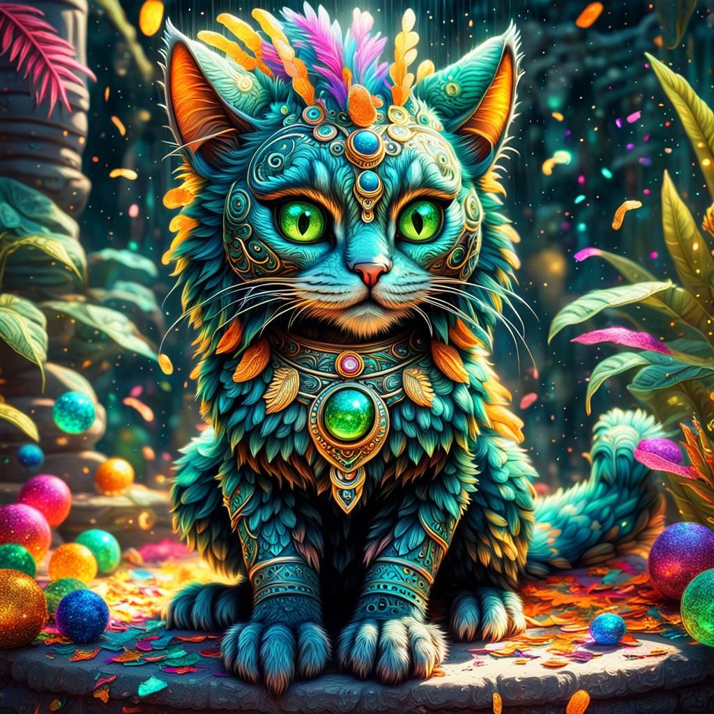 Cute Quetzalcoatl Cat in Bioluminescent Jungle