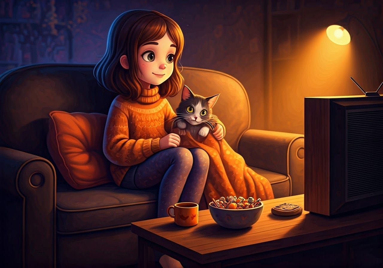 Cozy Halloween Movie Night with Cat, Animated Style