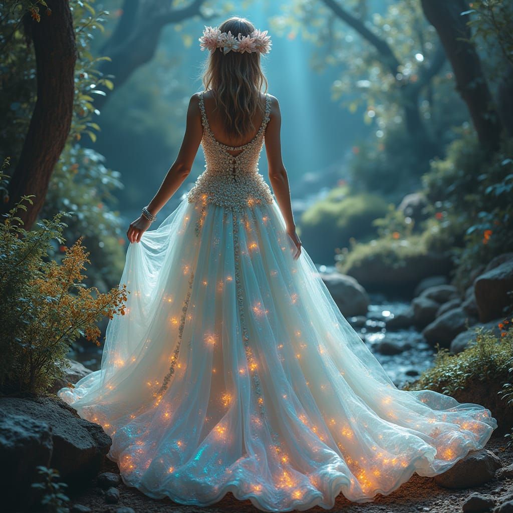 Woman in Opal Orchid Gown in Crystal Forest