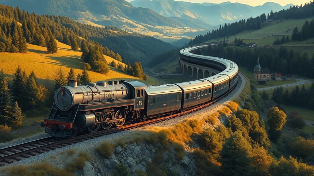 Majestic Train Winds Through Rolling Hills and Quaint Villag...