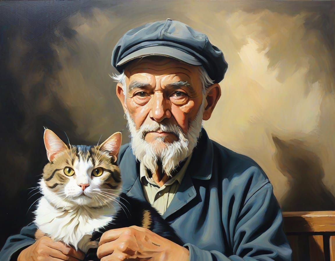 A Gentle Old Man Enjoys a Feline Companion in a Warm Oil Pai...