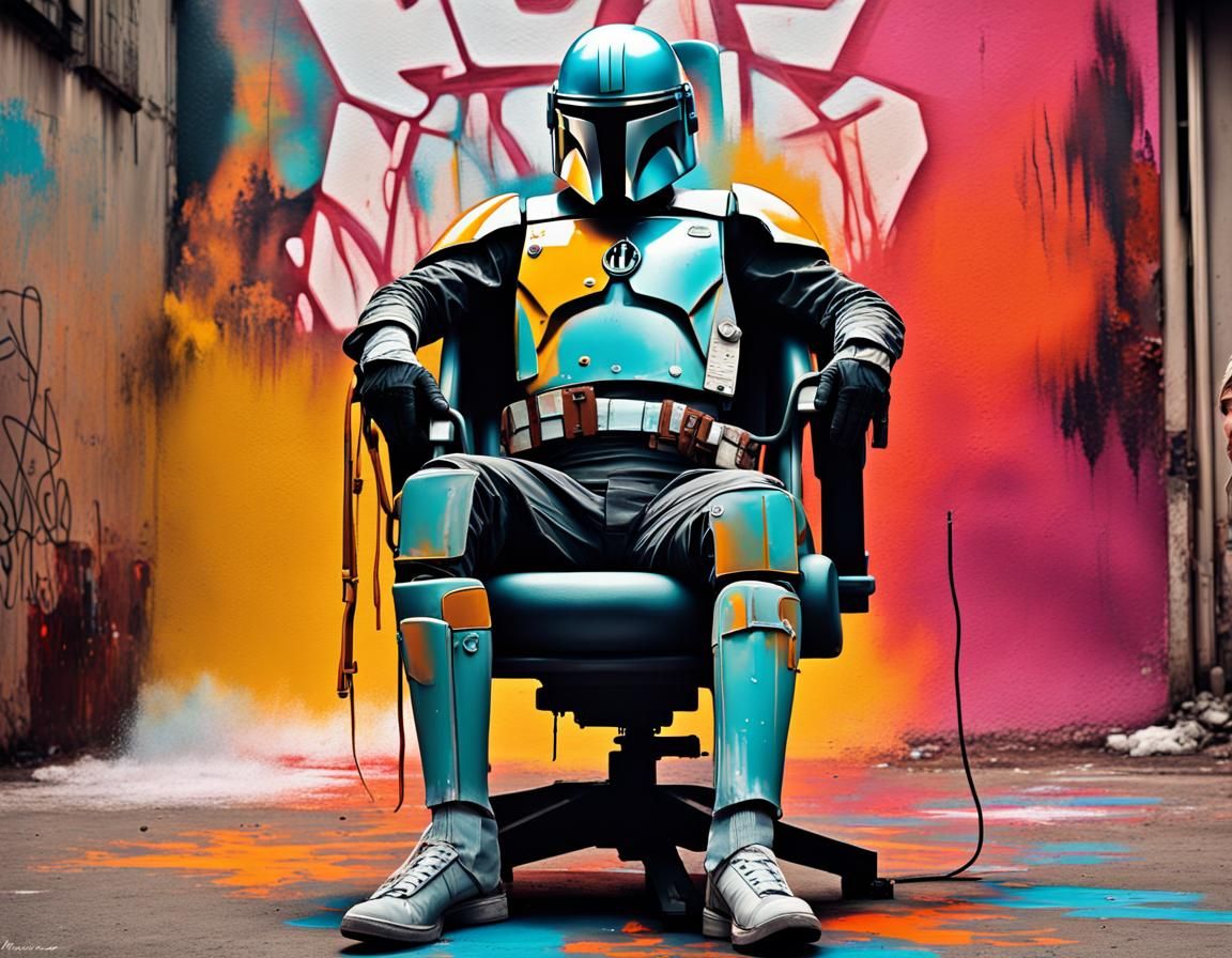 Mandalorian Smuggler as Graffiti Art in Retrofuturism