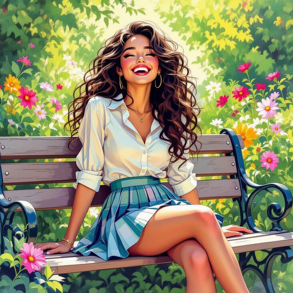 Expressive Woman in Garden: Manara-esque Watercolor