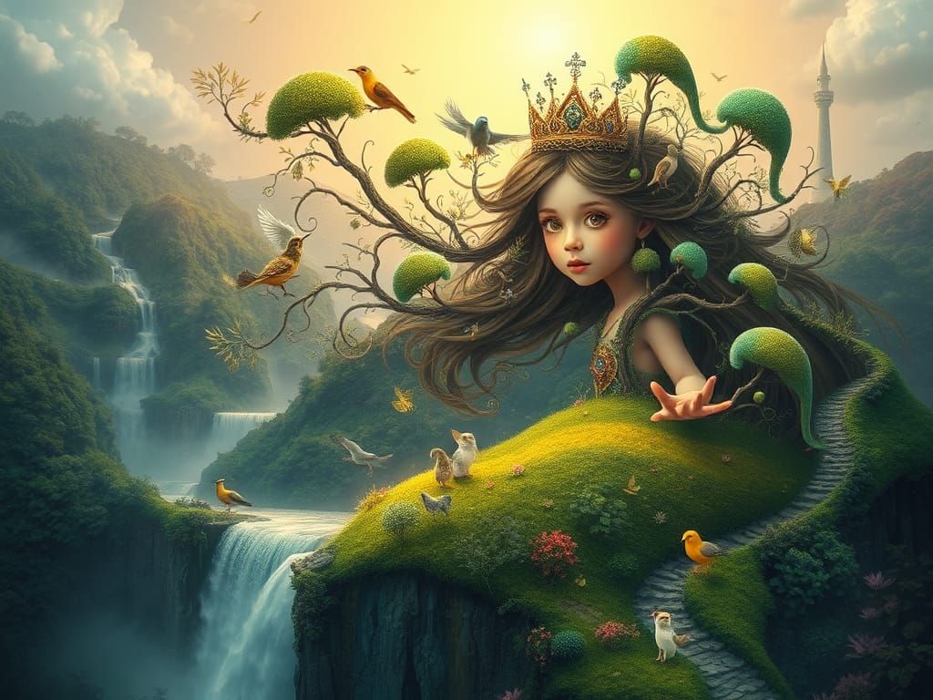 Ethereal Princess in Vibrant, Dreamlike Landscape
