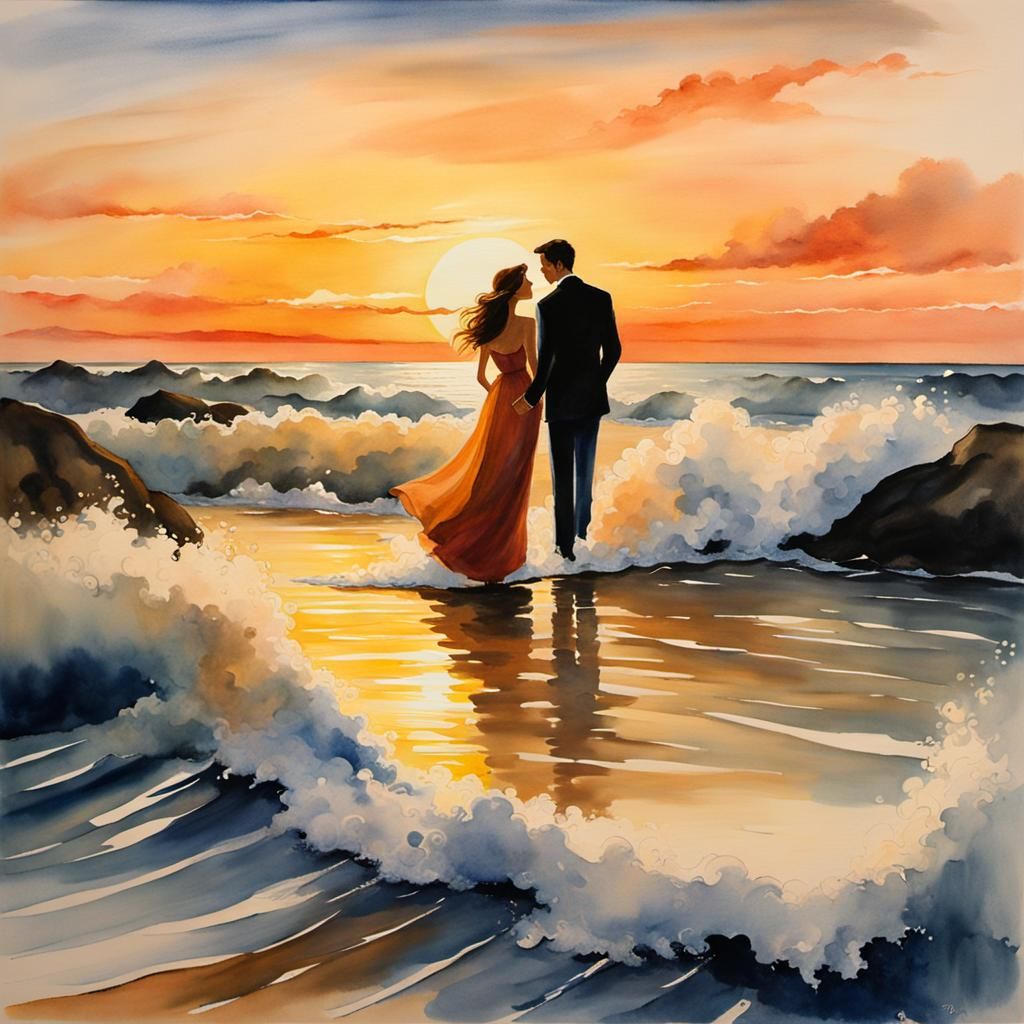 Sunset Honeymoon: A Watercolor Embrace