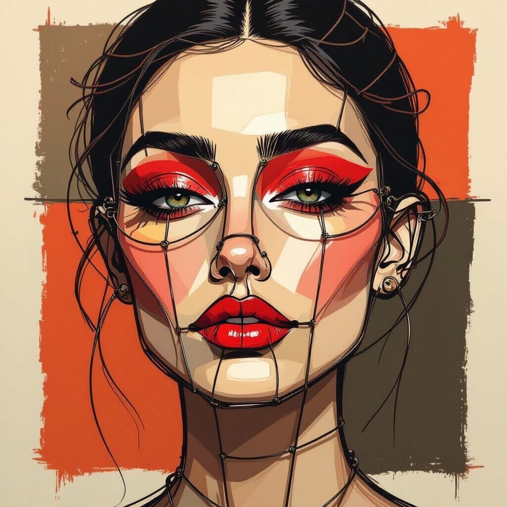 Wireframe Woman Portrait in Bold Colorful Style