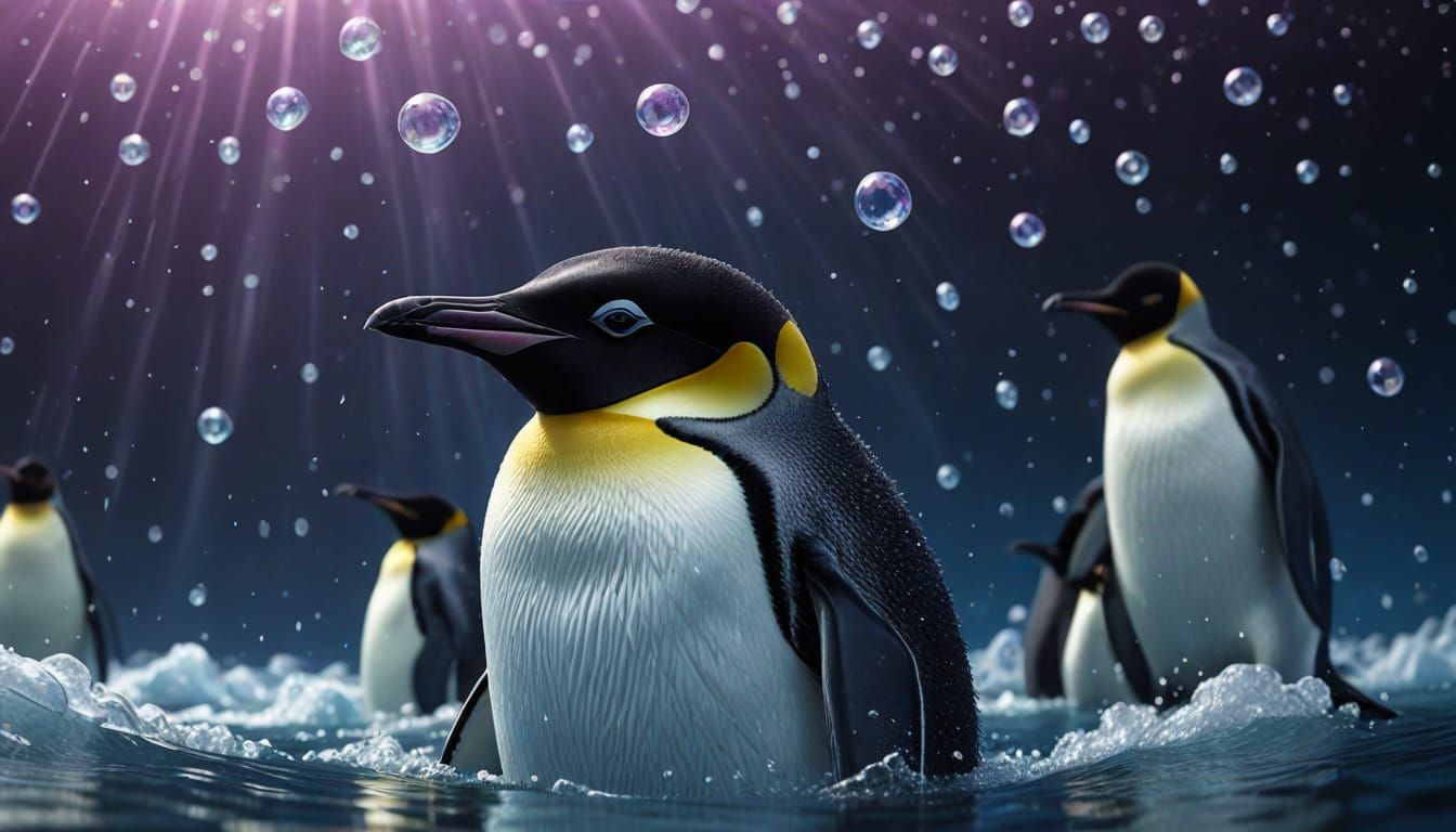 Surreal Underwater Scene of Emperor Penguins in Vibrant Digi...