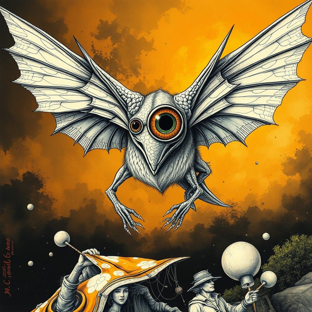 One-Eyed Chiroptera Gandalf in Surreal Cubist Flight