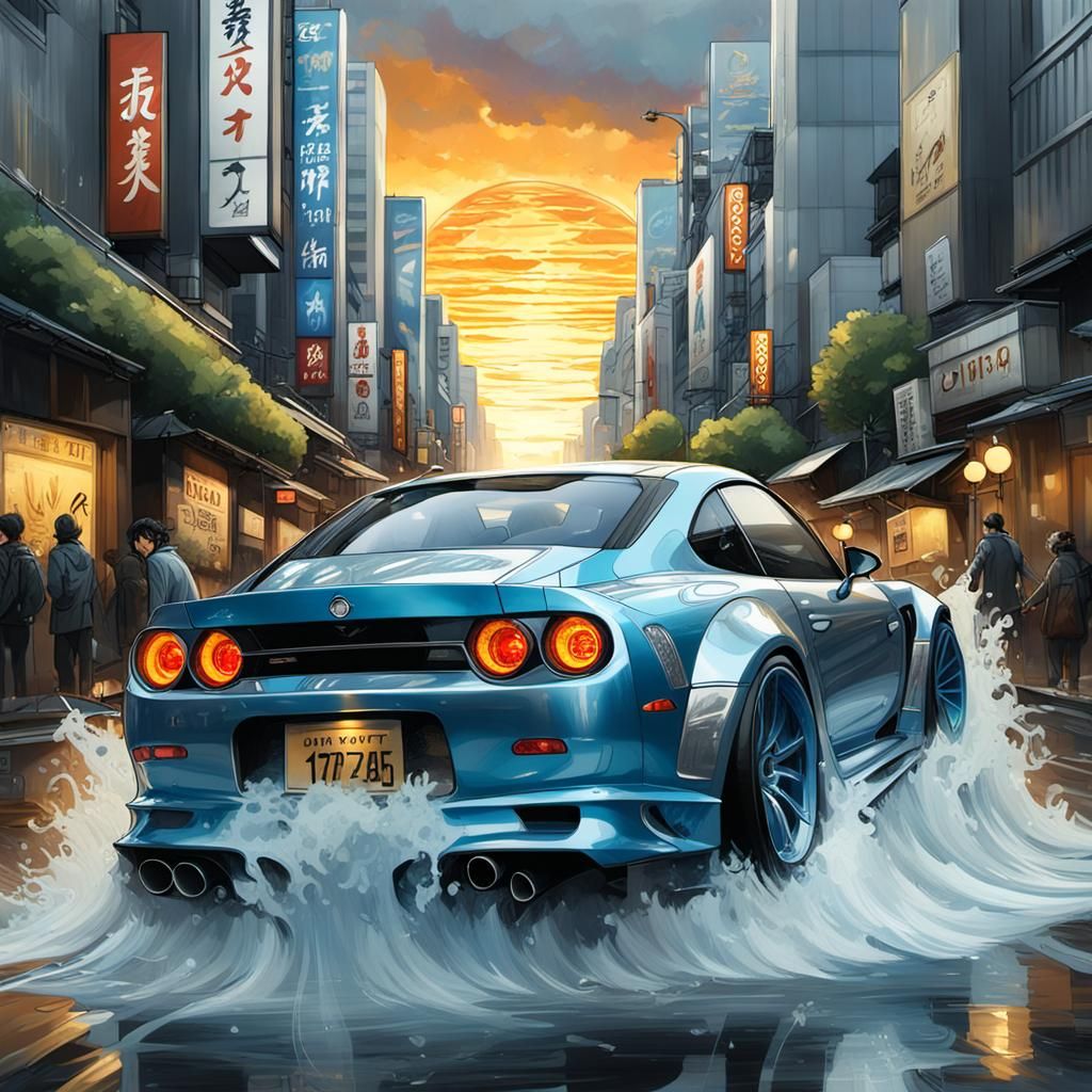 Luxurious Sportscar Speeds Through Tokyo Streets Under Golde...