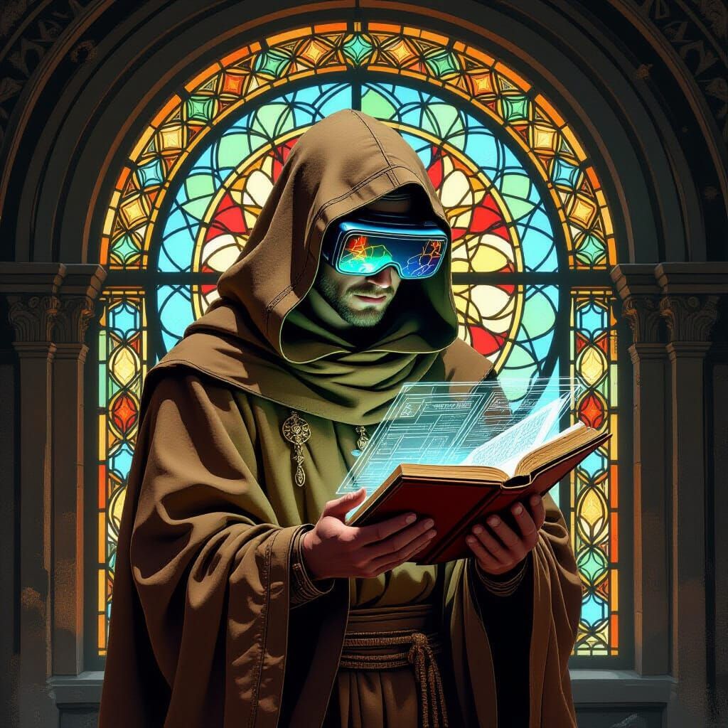 Monk with AR Goggles Praying over Codex