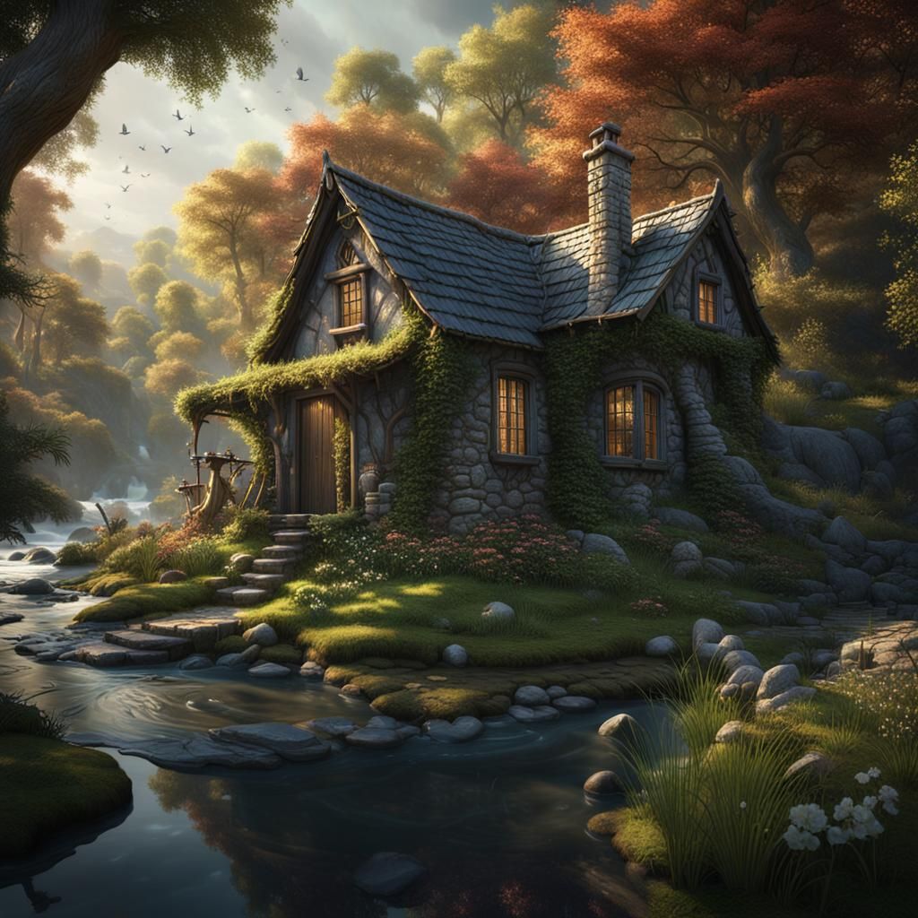 Riverside Cottage in Detailed Matte Painting Style