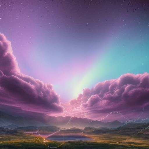 Fantastical Midnight Sky with Bright Line, Detailed Art