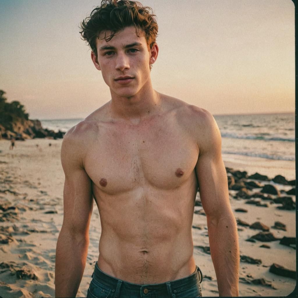 1990s Polaroid of a Shirtless Man on Beach