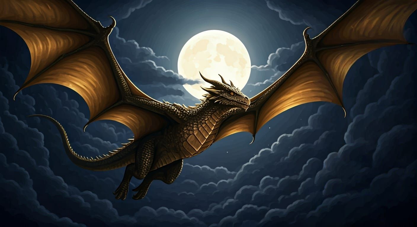 Golden Wyvern in Dramatic Night Sky: Digital Illustration
