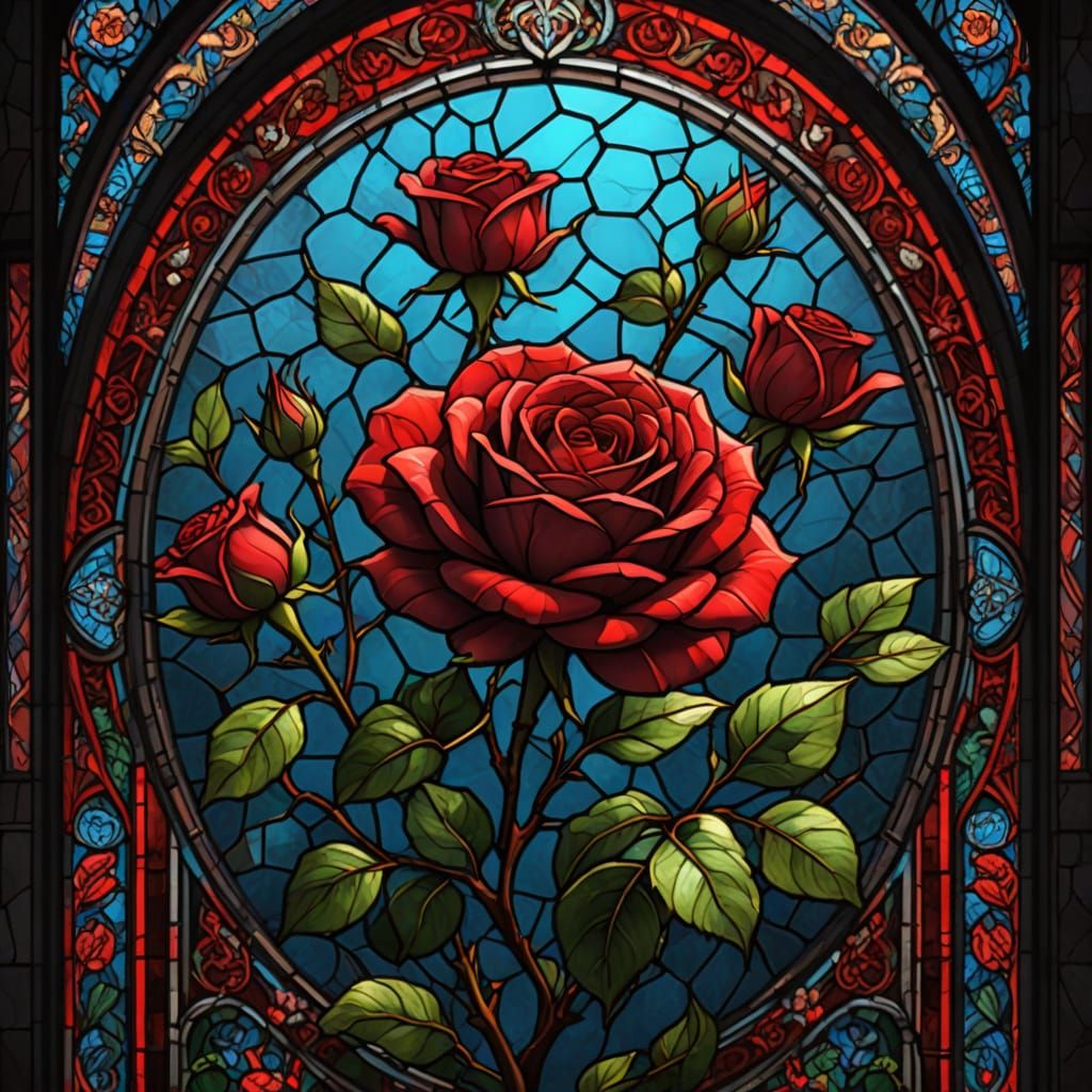 Surreal Stained Glass Rose Blooms in Vibrant Fantasy Scene