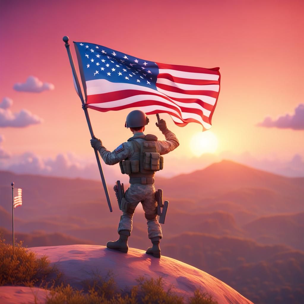 Pixar Soldier Waving US Flag on Hilltop