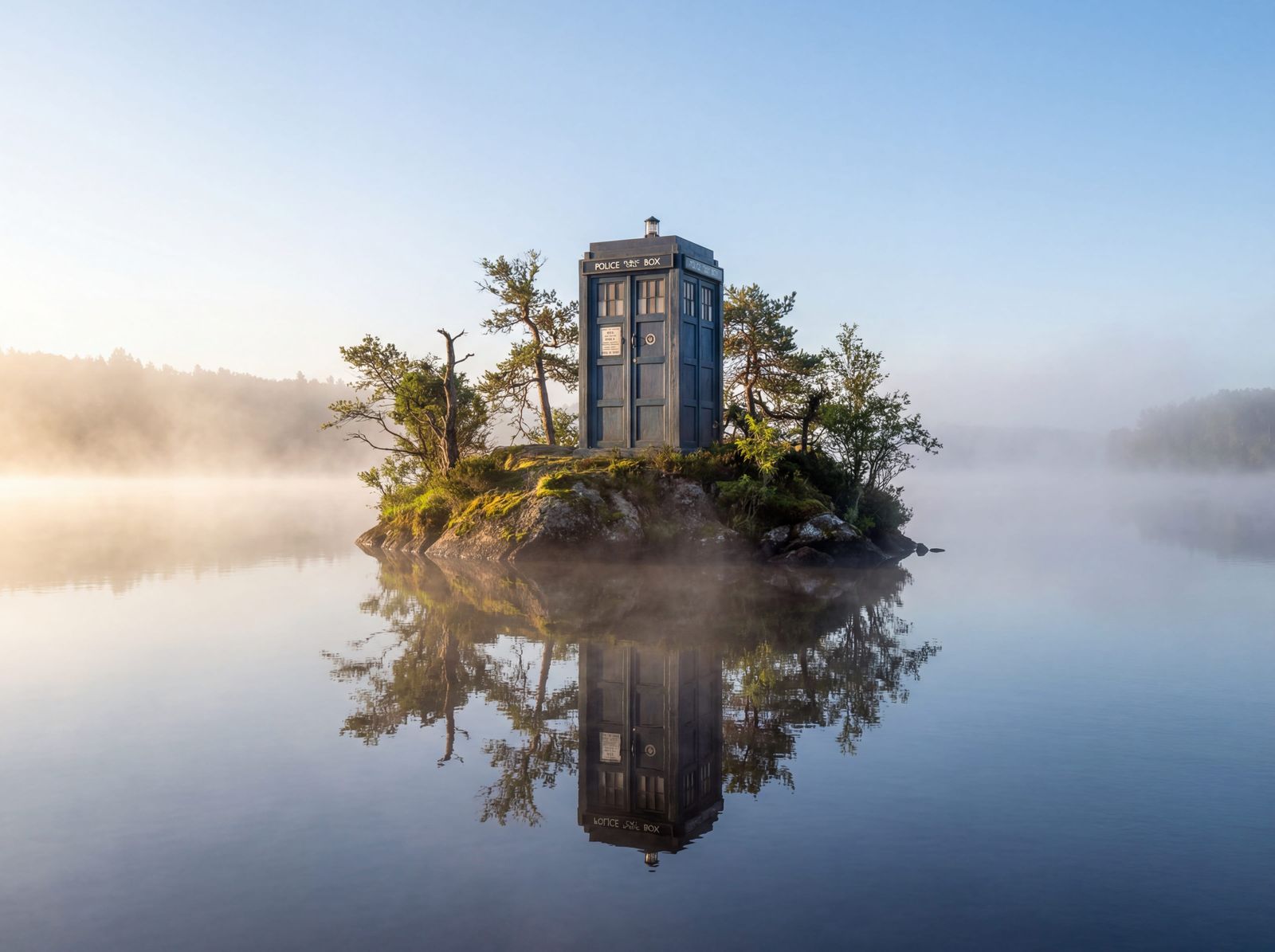 Surreal TARDIS Stuck on Island in Misty Lake
