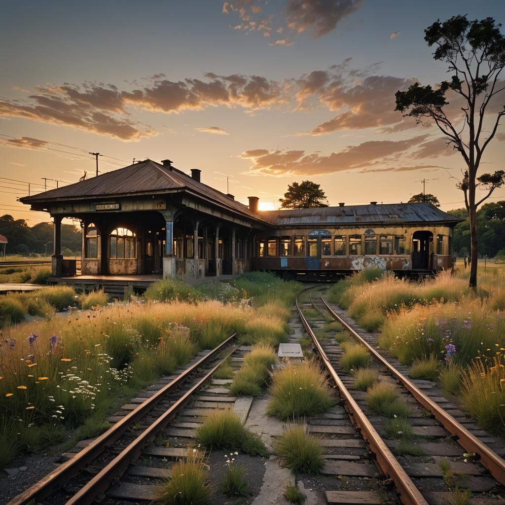 Deserted Train Station at Dusk in Hyper-Detailed Photo