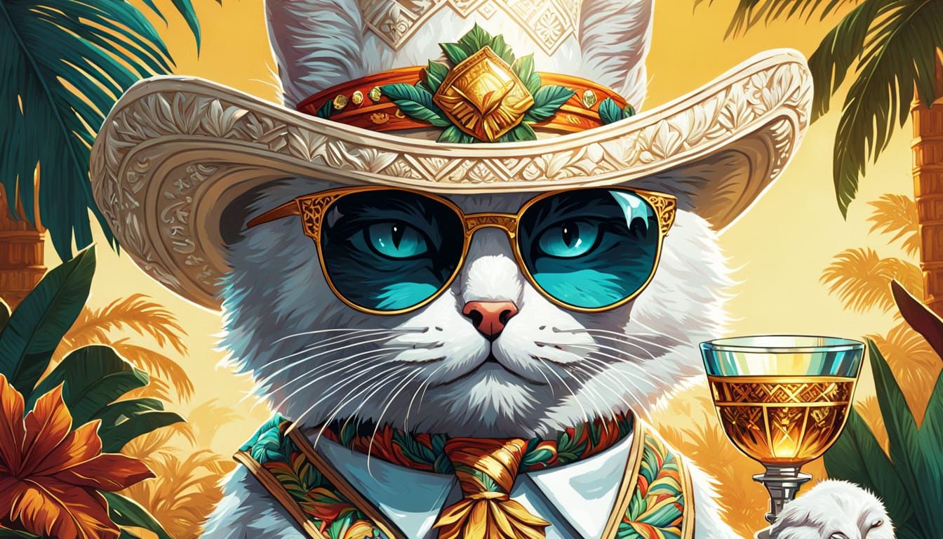 Dapper Cat with Sombrero in Baroque Comic Art