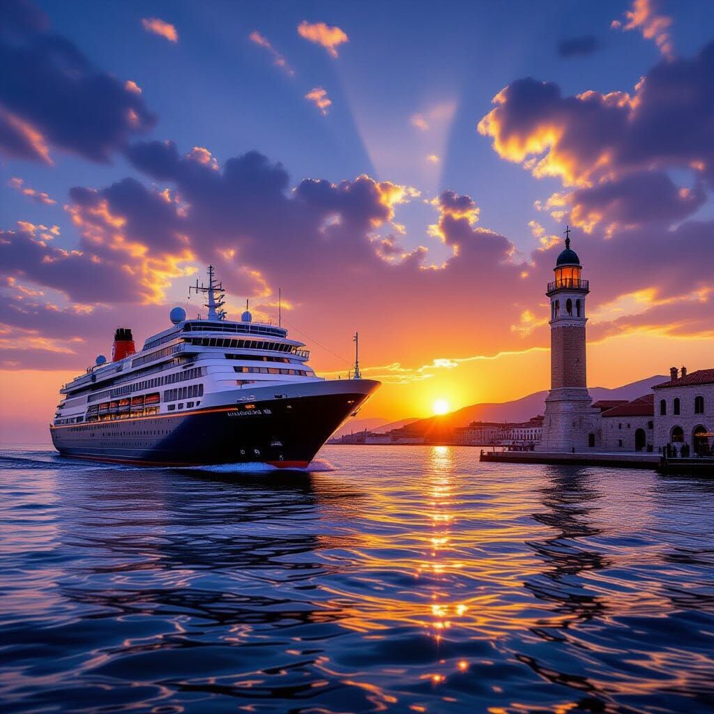 Cruise Ship at Sunset Near Chania Lighthouse
