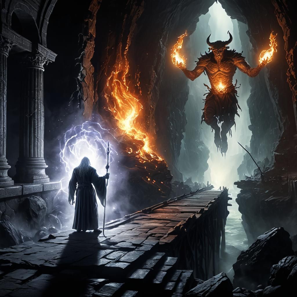 Balrog Confronts Gandalf in Moria: Fantasy Art