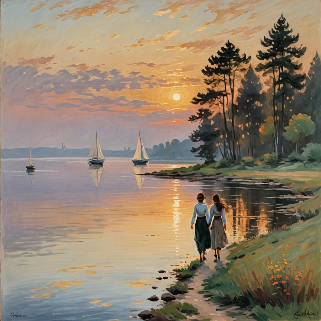 Impressionist Painting of Sisters at Sunset on Lake