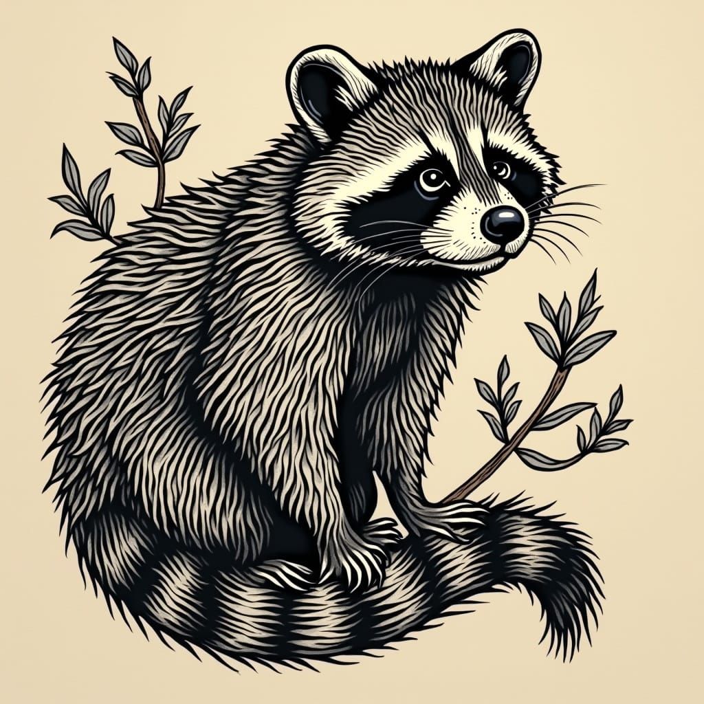 Sailor Jerry-Style Raccoon Tattoo in Woodcut Art