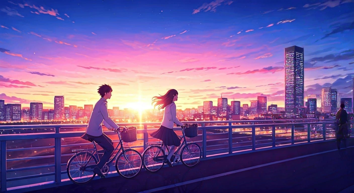Romantic Anime-Style Couple on Bicycle Ride at Sunset