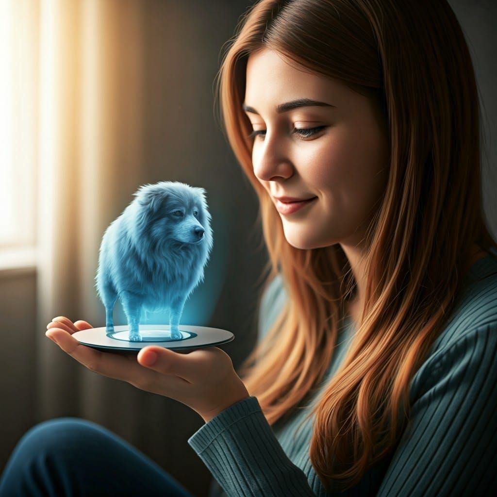 A Young Woman Holds a Disk, Cradling a Lifelike Hologram of...