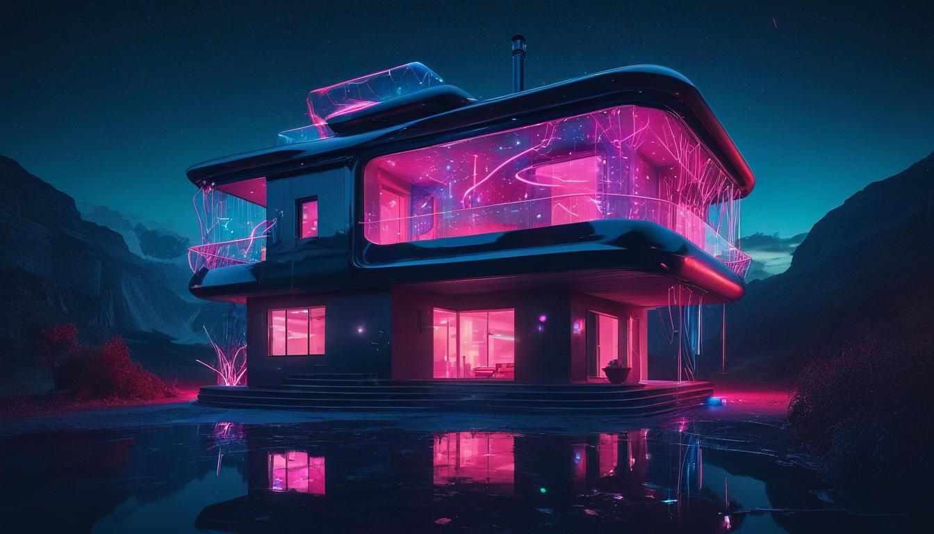 Futuristic House with Neon Stars, Surrealist Image