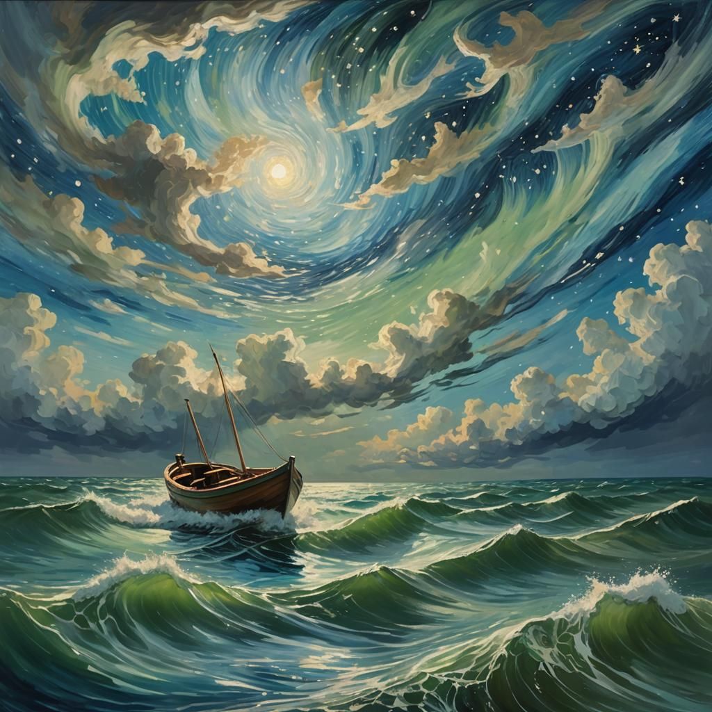 Expressionist Seascape Painting of Boat on Swirling Sea
