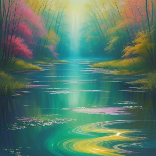 Vibrant Oil Painting of a Serene River with Ethereal Light