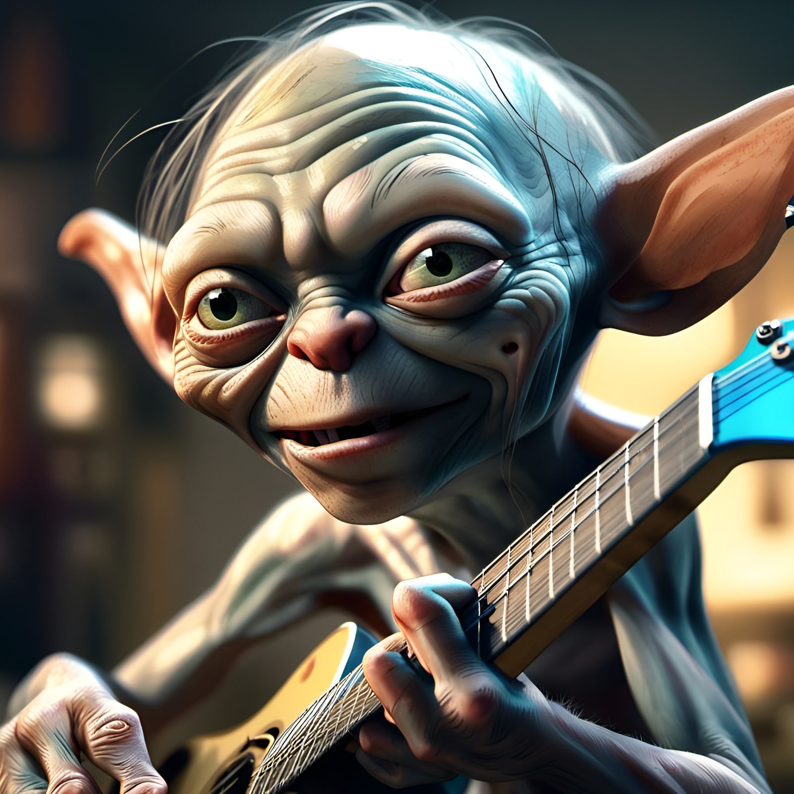 Gollum Plays Electric Guitar: 3D Digital Art