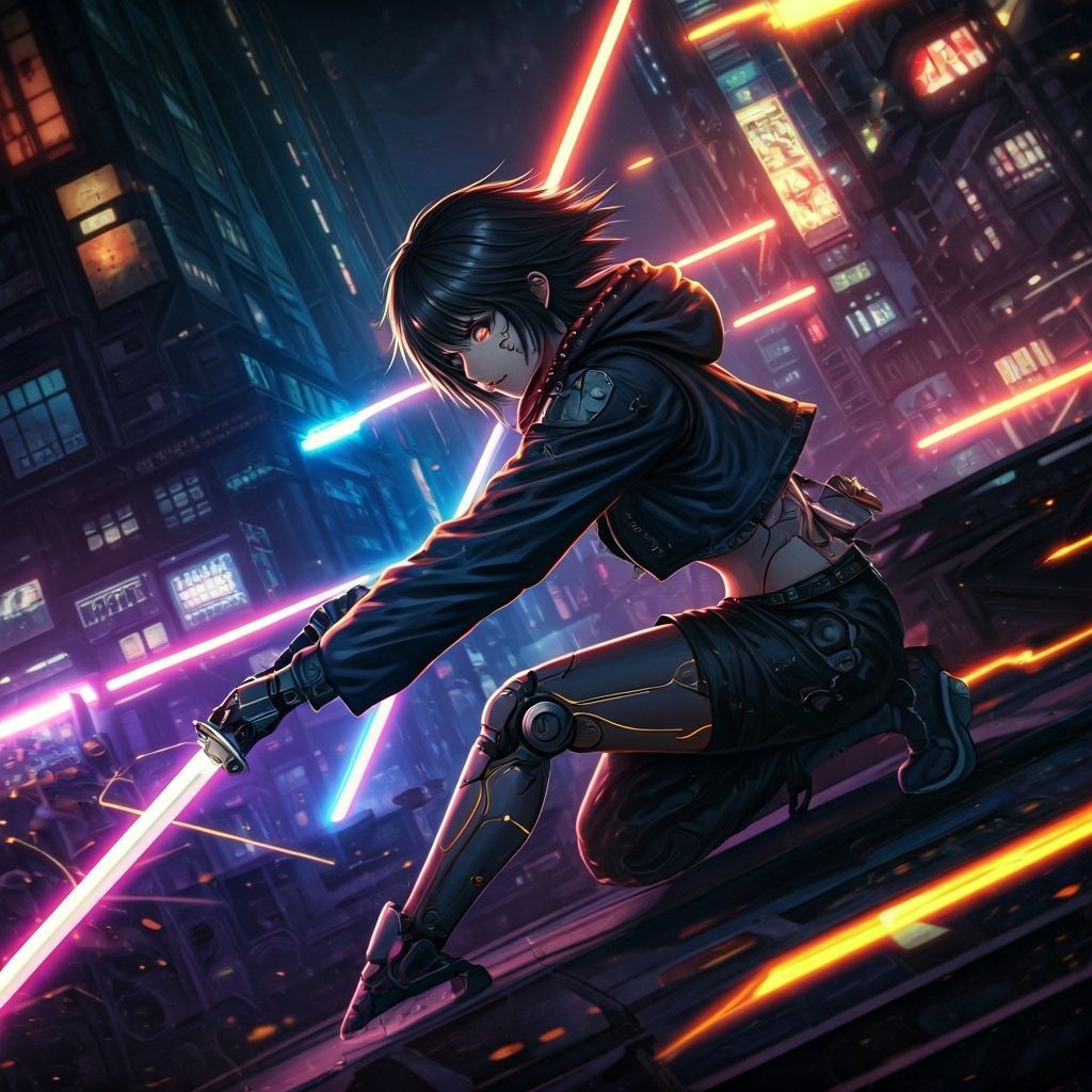 Cyberpunk Girl in Action with Energy Sword