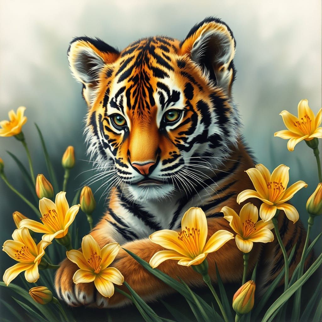 Furry Tiger Cub Among Tiger Lilies