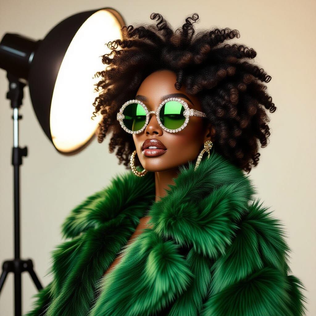 Black Woman in Green Fur Coat & Jeweled Sunglasses