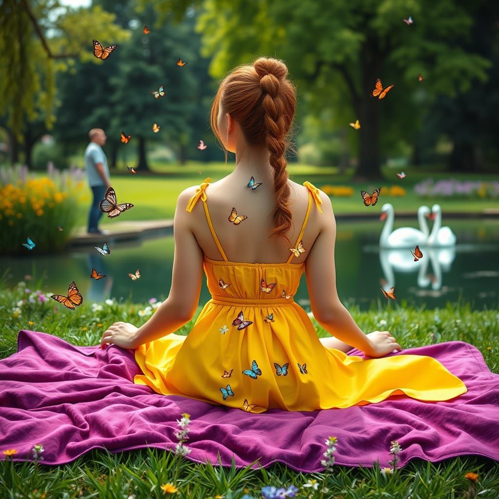 Slender, light skinned woman with long red hair in a ponytail, wearing a yellow sundress with spaghetti straps tied in b...