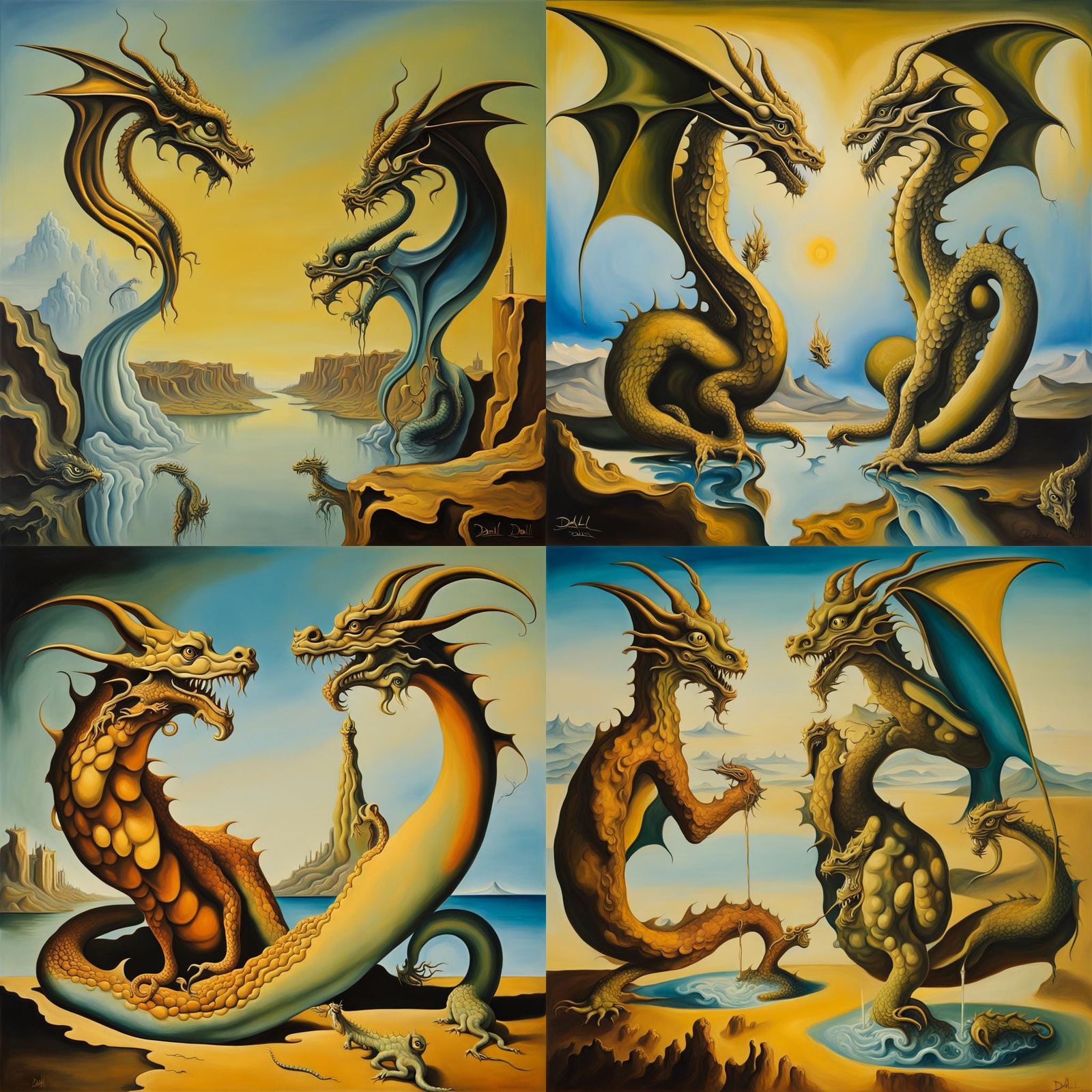 Surreal Dragons in Melting Landscape as Oil Painting