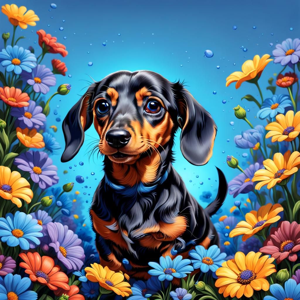 Hyperrealistic Dachshund with Blue Flowers, Detailed Art
