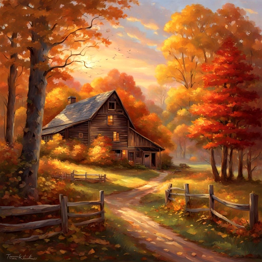 Barn Amidst Autumn Trees with Vibrant Leaves