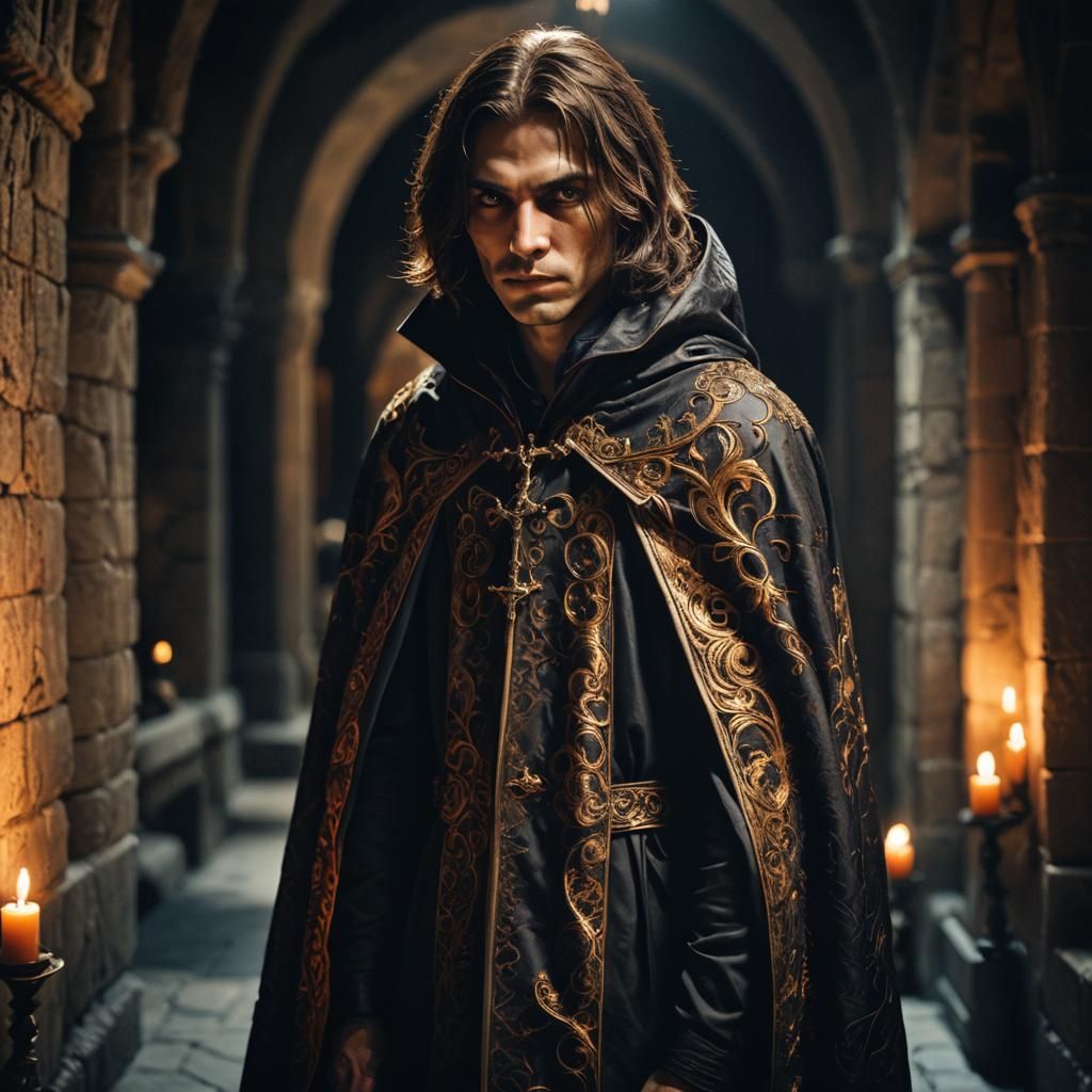 Cinematic Vampire Cloak in Stone Castle Hallway