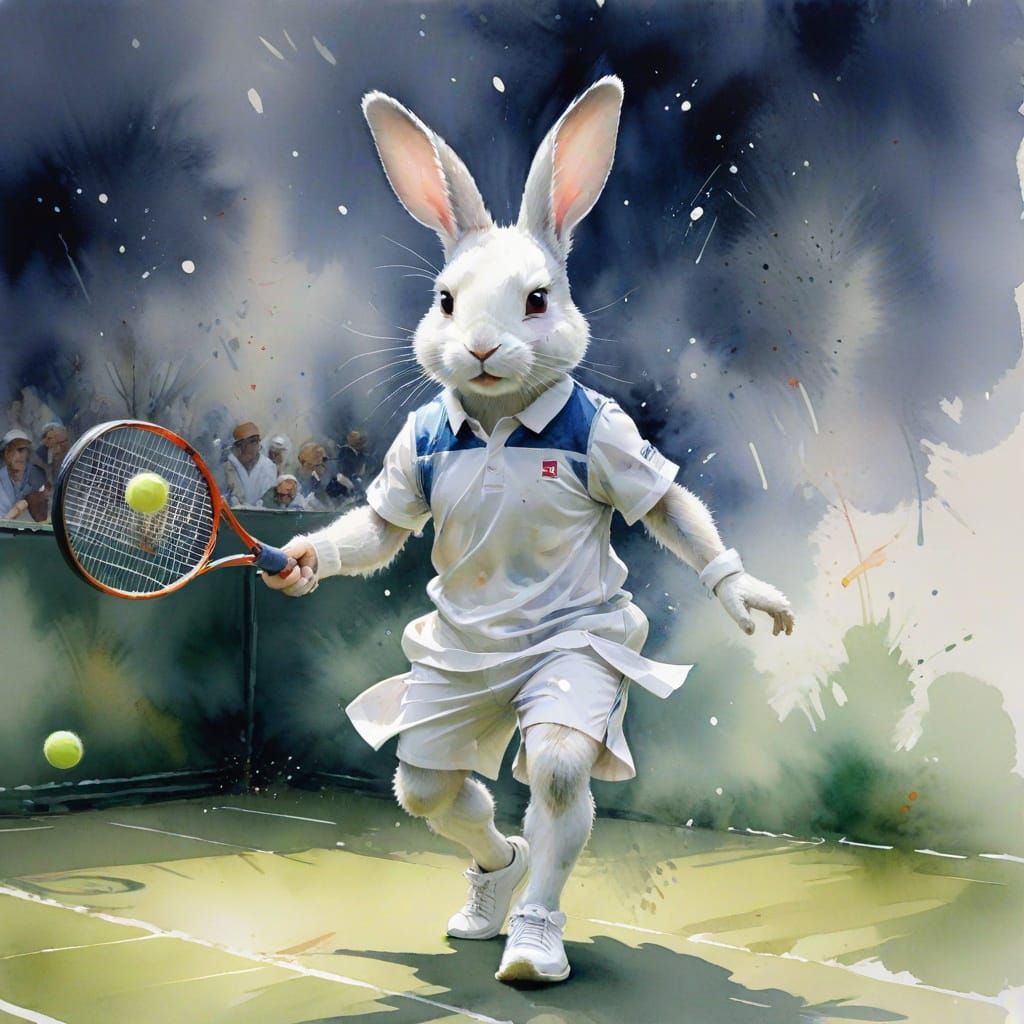 Rabbit Tennis Player at Wimbledon in Watercolor