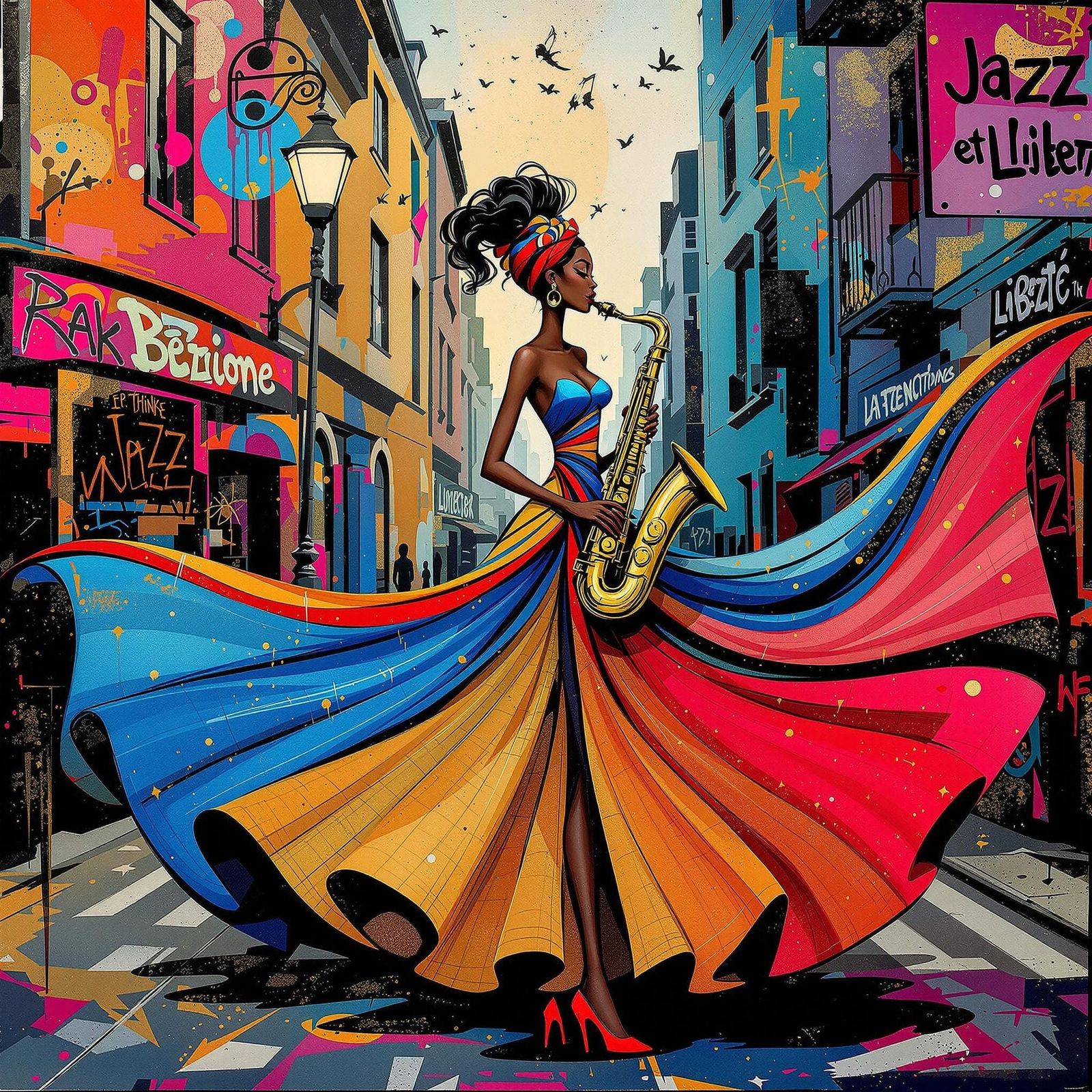Funk Art Woman Playing Saxophone on Colorful Street Corner
