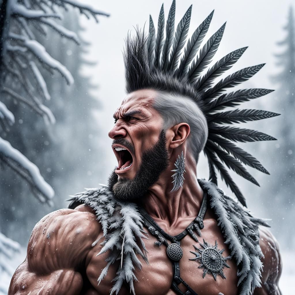 Muscular Mohawk Warrior Yelling in Icy Landscape