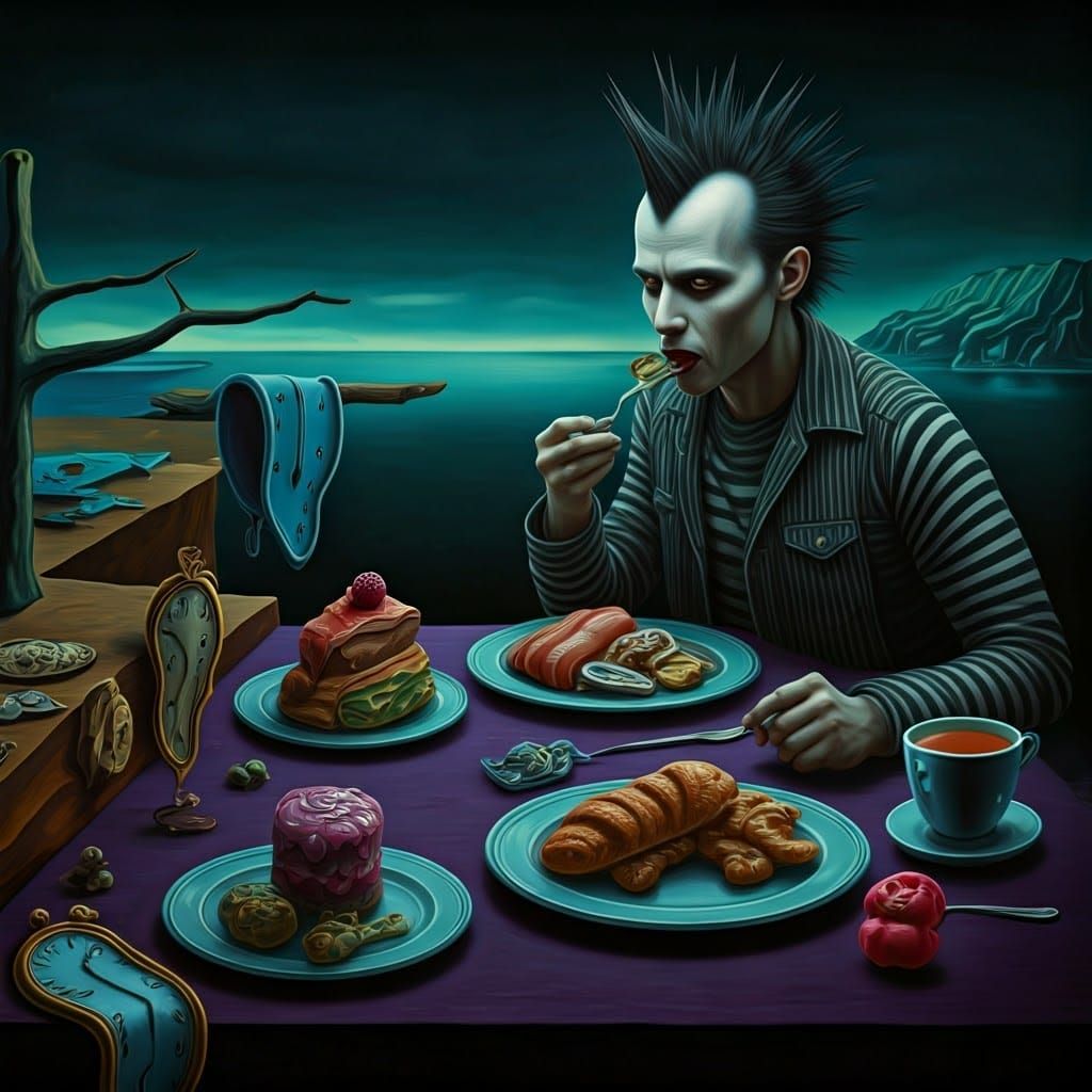 Eerie Surreal Breakfast in Neon Horror Style