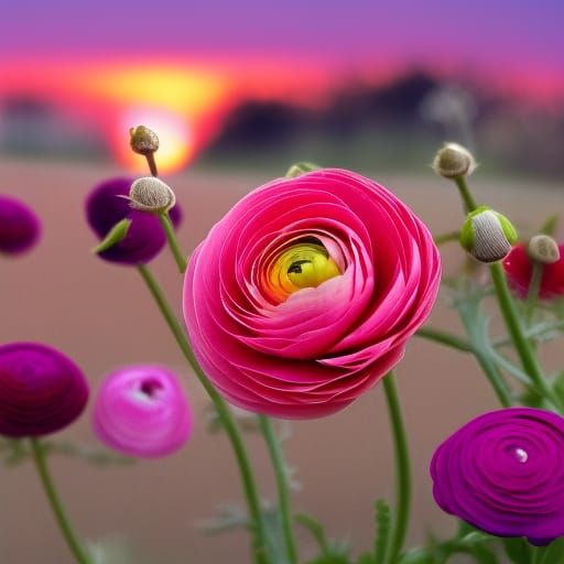 Ranunculus Field Meets Soft Sunset
