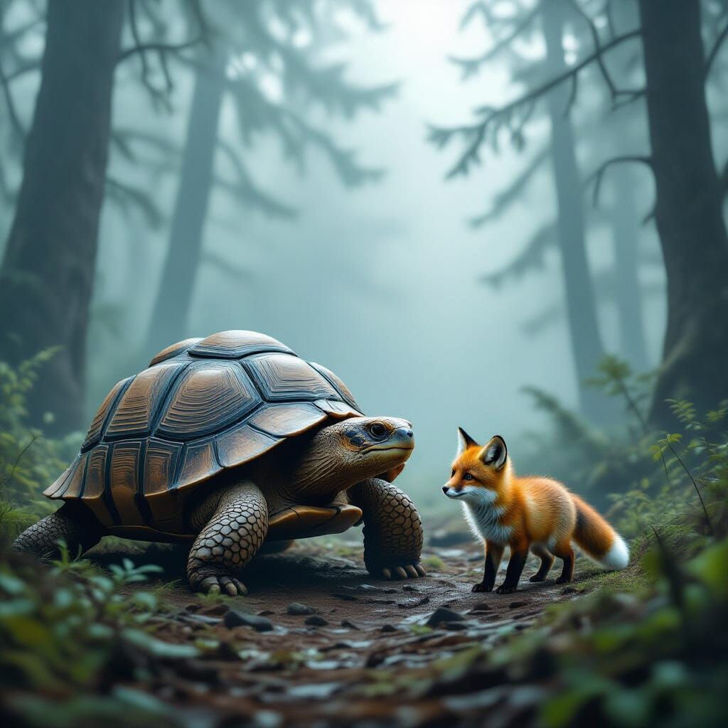 Wise Tortoise Guides Fox Through Foggy Forest