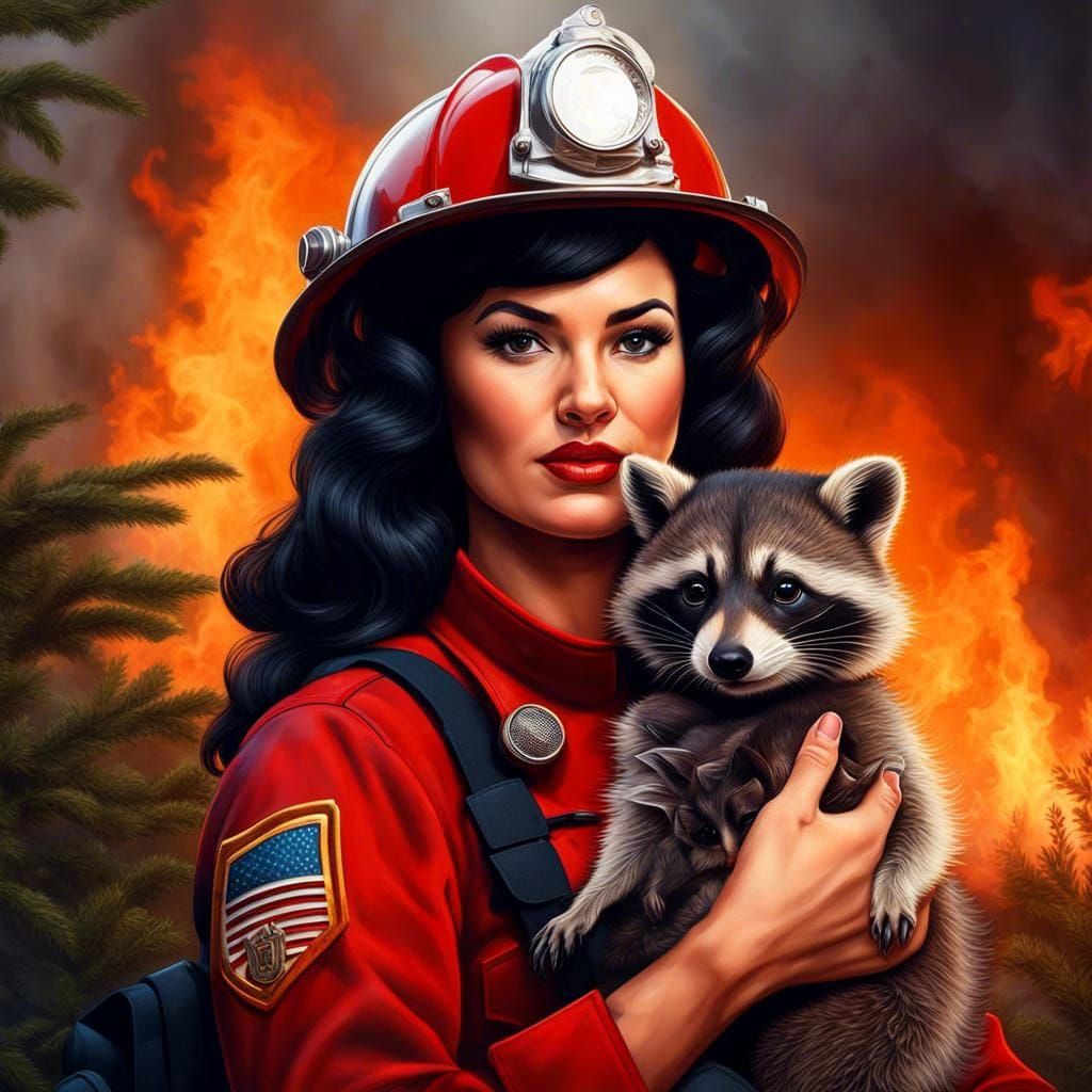 Gorgeous Betty firefighter holding a baby raccoon she has rescued.