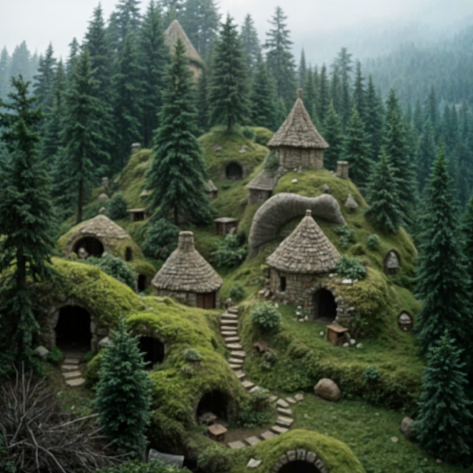 Whimsical Gnomish Village Hidden in Forested Hills