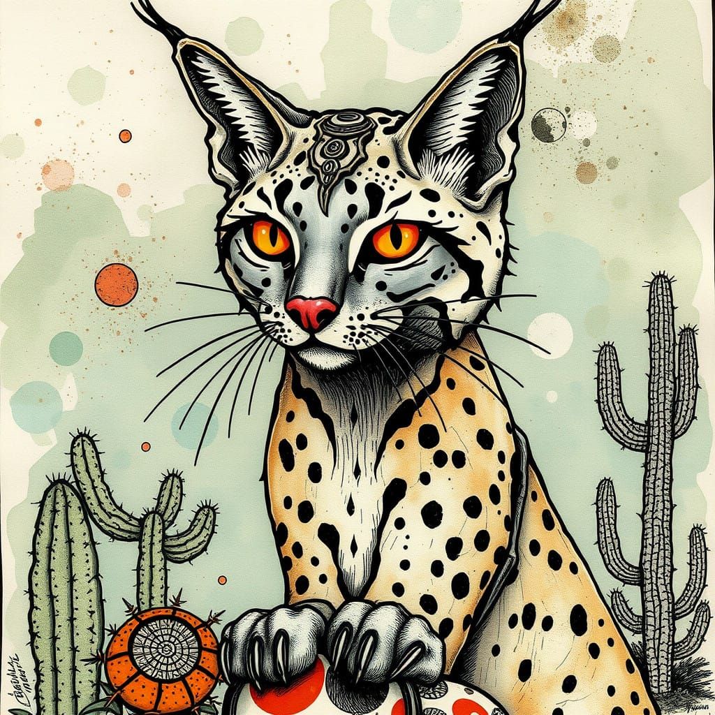 Dieselpunk Lynx Contemplates Cactus in a Rusted, Ink Wash La...
